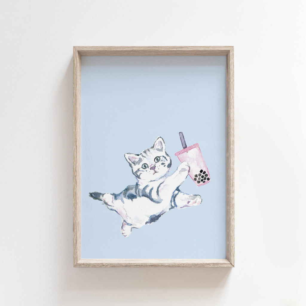 Bubble Tea Print, Boba Tea Art, Cute Cat Poster, Dorm Wall Art 8x10