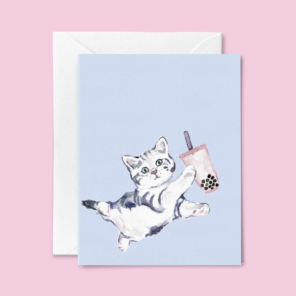 Bubble Tea Cat Card Blue