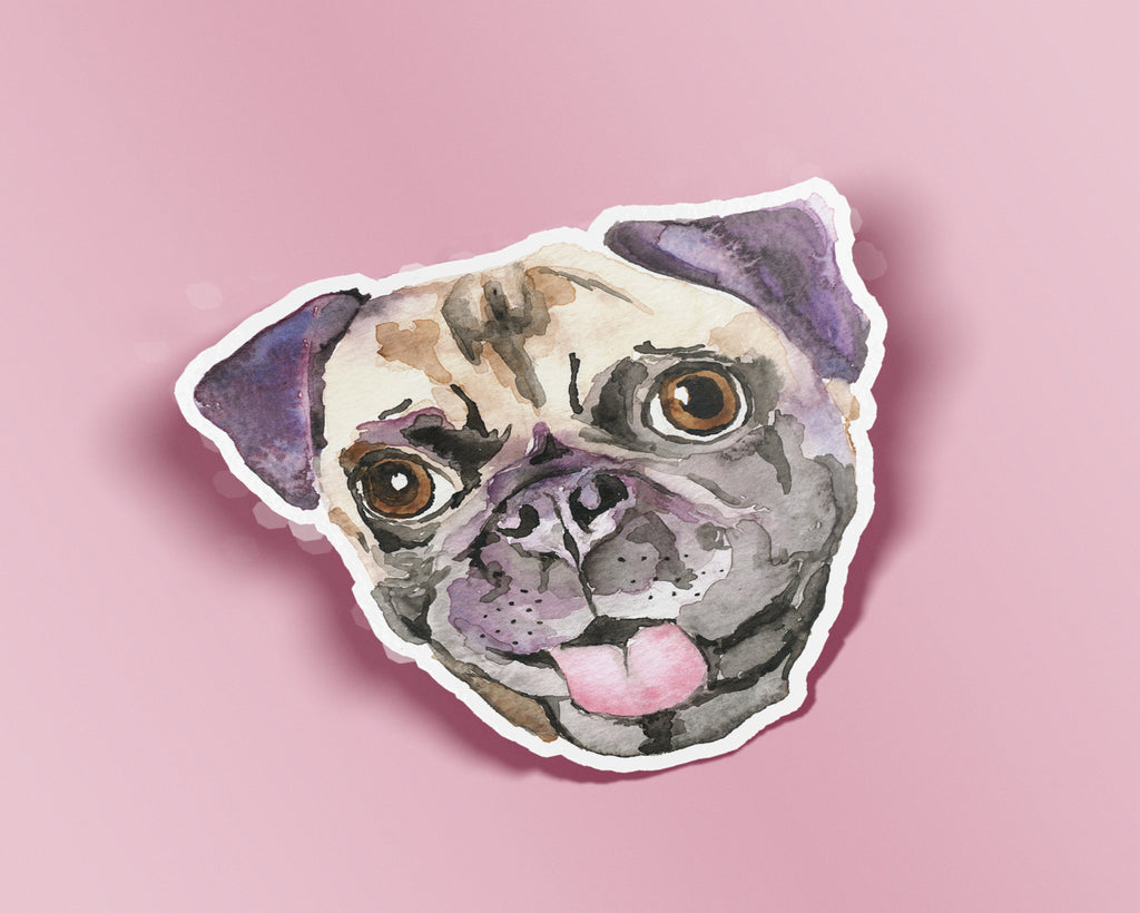 Pug Die Cut Vinyl Sticker, Pug Face Sticker, Watercolor Pug Sticker, Pug Vinyl Stickers, Pug Dog Stickers, Pug Decal, Pug Lover Gift